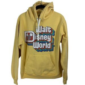 Walt Disney World Retro 70s Logo Yellow Hoodie Distressed Sweatshirt Unisex  S